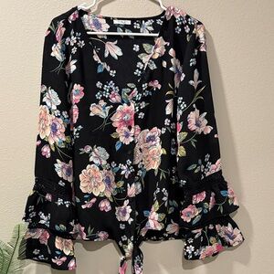 Maurice’s XL winter cowgirl Floral Black v neck button lace sleeve Top
